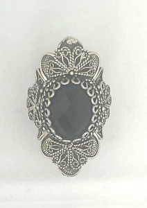 Sterling Silver  Onyx Filigree Ring Size 9.75 - Picture 1 of 6
