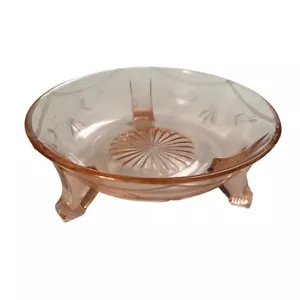Pink Depression Glass 3 toed Footed 6" Bowl etched swags flowers leaves - Picture 1 of 10