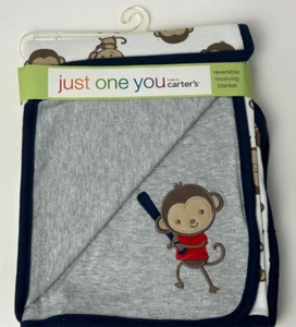 Coperta bambino baseball scimmia bianca rosso grigio blu navy Carters Just One You nuova con etichette - Foto 1 di 6
