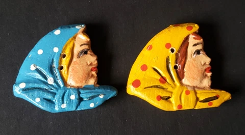2 Vintage Buttons....Babushka Ladies...Painted Wood Cover