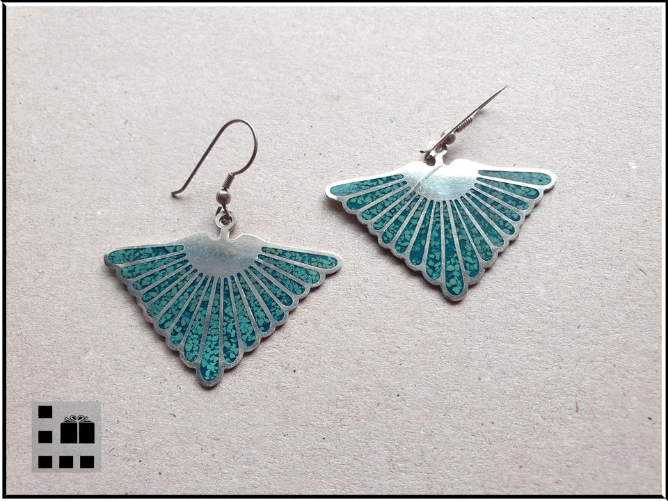 Vintage 70er Jahre Ohrhänger, Türkis, silberfarben, Bestzustand, ungetragen - Bild 1 von 1