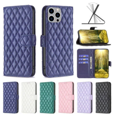 Grid Leather Wallet Cover Case For Motorola G41 G62 G71 G72 E32 G13 G73 E20 - Image 1 of 4