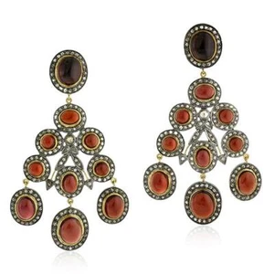 7.28ct Diamante Granato Rosso Etnico Look Pendente Earrings.925 Storno Argento - Foto 1 di 5