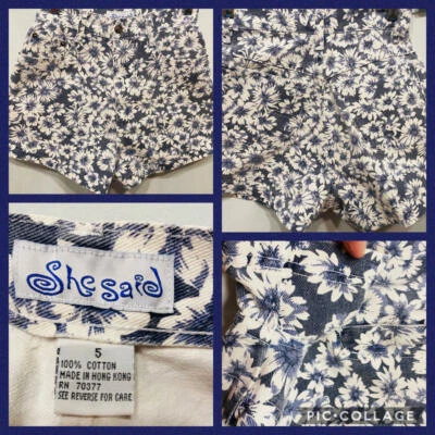 Vtg 80s SHE SAID Denim High Waisted Jean Shorts Navy Blue White Flowers  XS S - Image 1 of 4