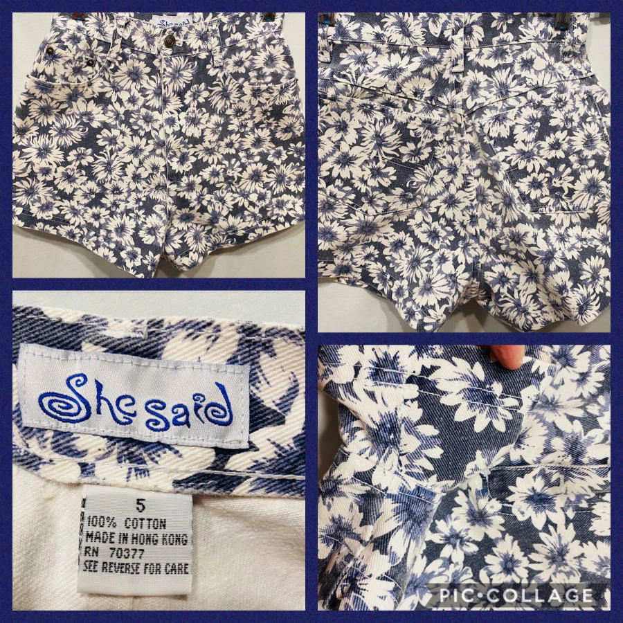 Vtg 80s SHE SAID Denim High Waisted Jean Shorts Navy Blue White Flowers  XS S - Image 1 of 4