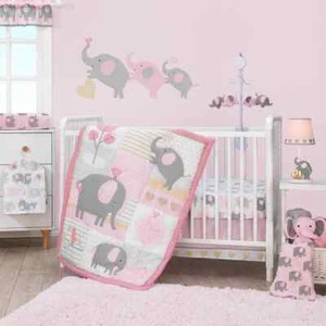 BO - Eloise Pink & Gray Elephants 4-Piece Baby Girl Crib Bedding Set with Decal - Picture 1 of 8