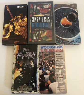 Lot of 5 VHS, Purple Rain Prince 1st Ed. 1984, Pink Floyd, Woodstock, Hendrix Foto 1 de 4