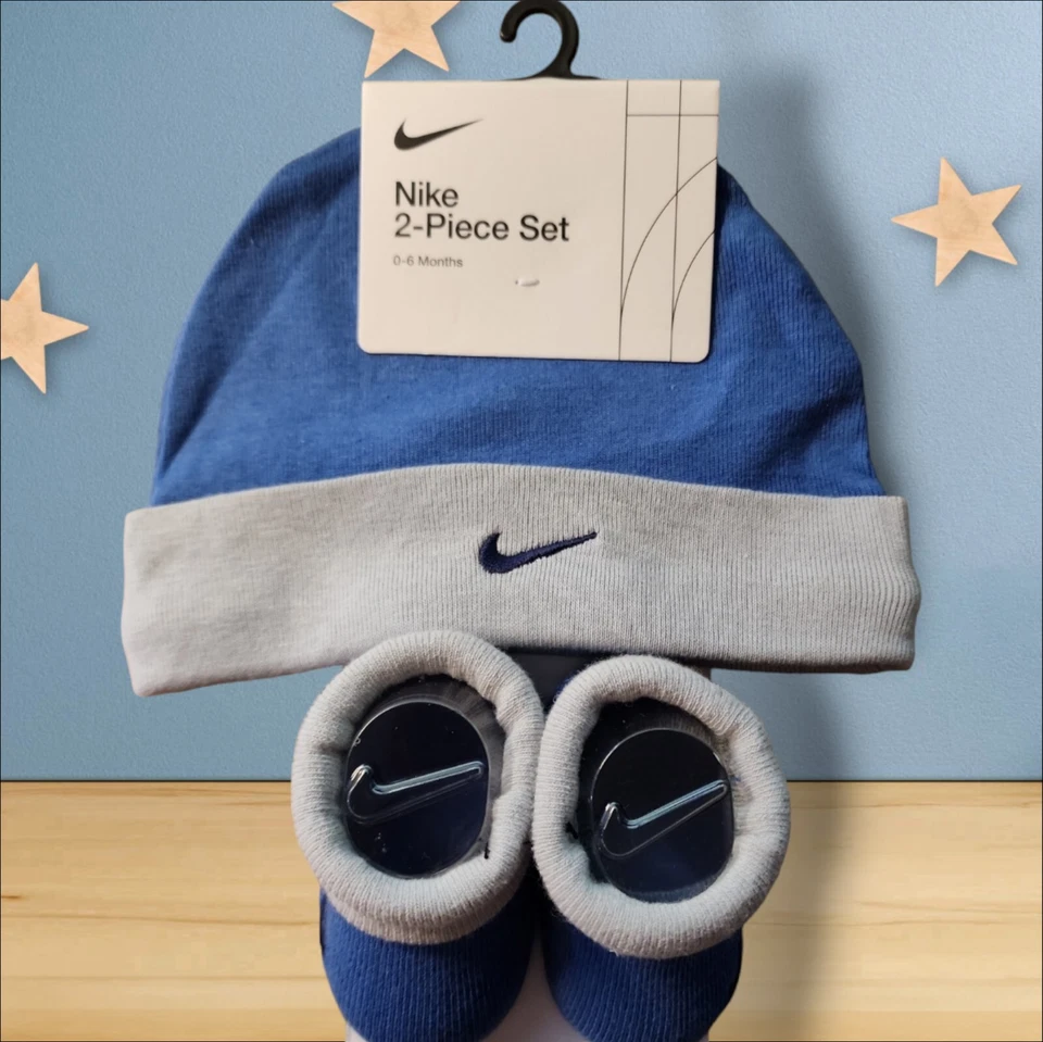 Nike Hat & Crib BOOTIES Socks 2 PC Set Sz 0/6 MO Infant Baby Boy Blue Grey