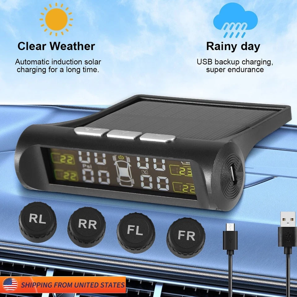 Solar Power TPMS Car Tire Pressure Alarm Monitor System Tyre Pressure Security  - Image 1 of 4
