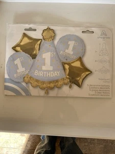 Babies 1st Birthday Boy Blue & Gold Mylar Balloons Bouquet 5PCS Anagram - Picture 1 of 3