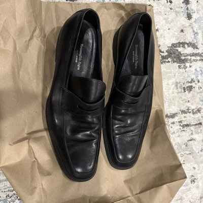 Designer Ermenegildo Zegna Leather Loafers Men's 12 D Black Shoes Made In Italy - Image 1 of 4