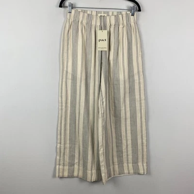 Pact Wide Leg Crop Pants Size Medium Organic Cotton Pull On Ivory Blue Stripe - Image 1 of 4