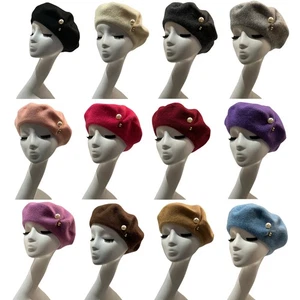 French Wool Pearl Beret Hat Women's Chic Vintage Painter Artist Minimalist Cap - Picture 1 of 25