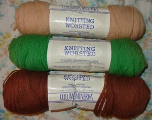 3 SKEINS COLUMBIA MINERVA WOOL KNITTING YARN BISQUE BEIGE APPLE GREEN CLAY BROWN - Picture 1 of 5