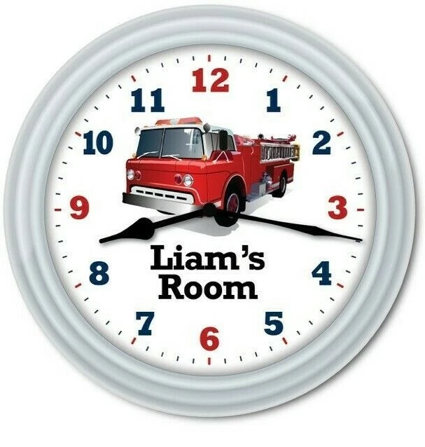 Personalized Firetruck Fireman WALL CLOCK - Rescue Boys Kids Bedroom Decor GIFT - Image 1 of 1