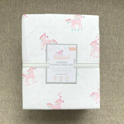 Pottery barn kids Organic Flannel Rainbow Unicorn Sheet set Pink UNICORN NEW WTG - Image 1 of 4