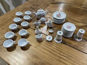 Vtg  Child 's Tea Set Royal Rose China - 37 piece lot Kitchen Cups Plates Teapot