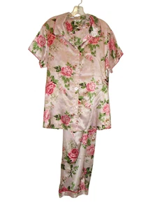 Adonna Womens 1X Pajama Set Short Sleeve Silky Satin Pink Floral - Picture 1 of 6