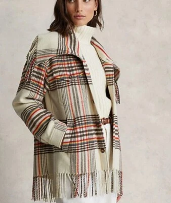 NWT Polo Ralph Lauren Women XL Fringe Trim Off White Plaid Jacket/Coat  $598 - Image 1 of 4