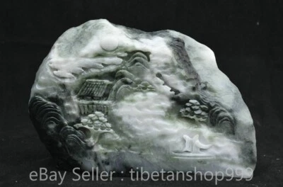 9.6" China Natural Negro Blanco Dushan Jade Tallado Escena de Nieve Casa Gente Estatua Foto 1 de 4
