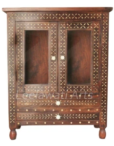 Bone Inlay Floral Design Brown 2 Drawer 2 Glass Door Bedside Table Nightstand - Picture 1 of 5
