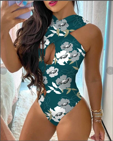 Philadelphia Eagles Halter Front Cross Swimsuits Cut Out Swimwear Bathing Suit Cover