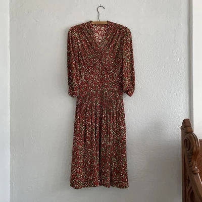 Vintage 30s Tailored Floral Rayon Crepe Dress Pencil Pleated W/Suede Belt XS S - Image 1 of 4