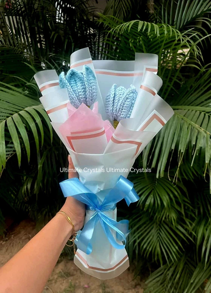 Crochet Tulip Bouquet - Handcrafted Sky Blue & White Flowers | Perfect Gift - Image 1 of 4
