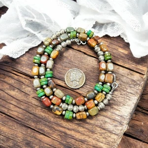 Sterling NAVAJO Pearl Turquoise & Red Creek Jasper Beads Necklace VTG Silver 21" - Picture 1 of 10