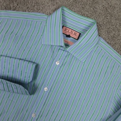 Thomas Pink Shirt Mens M 15.5 34 Blue Green Striped Prestige French Cuff Button - Image 1 of 4