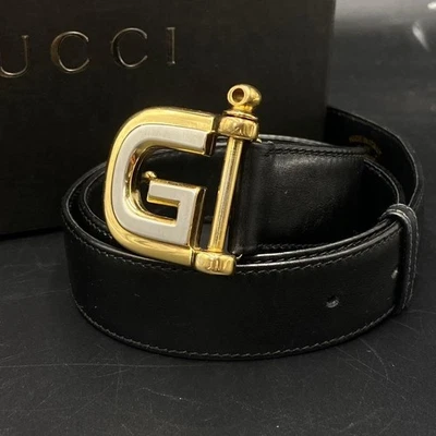 GUCCI 65/26 G Logo Hebilla de Cinturón Cuero Negro Dorado Antiguo (Sin... - Imagen 1 de 4