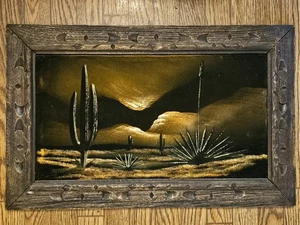 Vintage Mid Century Velvet Painting Cactus Southwest Desert Sunset 25" x 16" - Picture 1 of 3