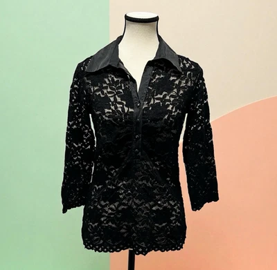 Blusa clásica vintage Cache con cuello de encaje transparente ribete de seda talla L Y2k grunge Foto 1 de 4