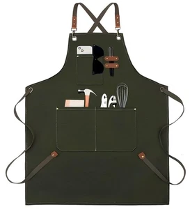 Canvas Kreuz Rückenschürze mit großen Taschen für Arbeit Kochen BBQ Grillen - Bild 1 von 6