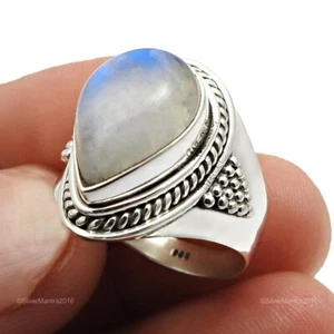Anillo Étnico De Plata Esterlina 925 Con Piedra De Luna Arcoíris Talla 7 - Imagen 1 de 10