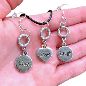 "Live Love Laugh" Silver Matching Jewelry Set W/ Heart Pendant & Round Earrings - Picture 1 of 8