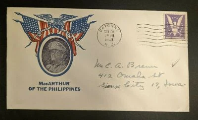 1943 MacArthur de Filipinas Bayona Nueva Jersey a Sioux City Iowa cubierta patriótica Foto 1 de 2