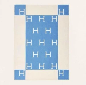 HERMES Wool Cashmere Avalon Baby Cabriole Throw Blanket Blue With Ribbon Box - Picture 1 of 7