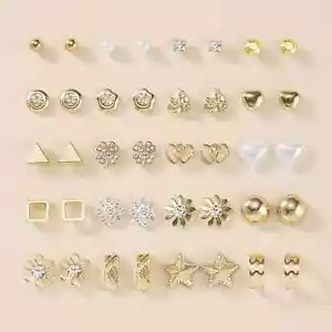 40 Pcs Vintage Elegant Stud Earring Set Rhinestone Stainless Steel Gold Daily - Picture 1 of 5