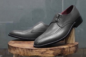 Handmade Men's Dark Gray Side Brogue Line Lace Up Cap Toe Dress Shoes