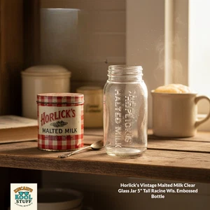 Tarro de vidrio transparente con leche malteada Horlick's vintage botella en relieve Racine Wis de 5" de alto - Imagen 1 de 10