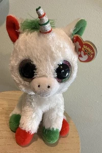 Ty Silk Beanie Boos Candy Cane Christmas Unicorn 7" Plush Sparkly Eyes Red Green - Picture 1 of 10