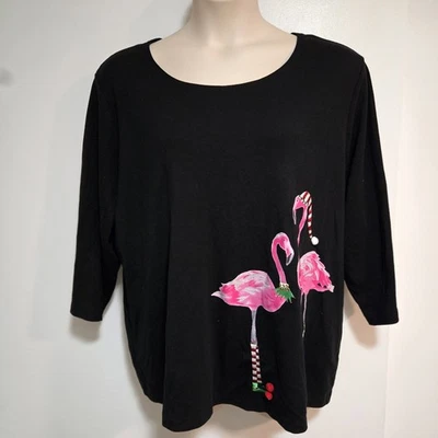 KAREN SCOTT Plus  3X Black Holiday Flamingo Print Embellished Cotton Top - Image 1 of 4