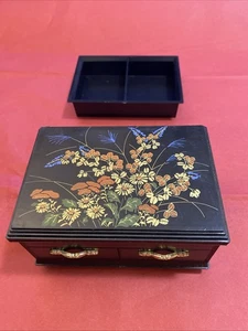 Vintage Asian Melamine Jewelry Box Hong Kong Black & Gold Floral Motif - Picture 1 of 13