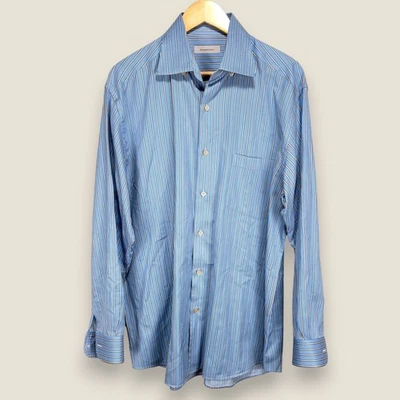 Camisa de Vestir Ermenegildo Zegna Hombres XL Azul Blanco Rayas Algodón Hecha en Italia Foto 1 de 4