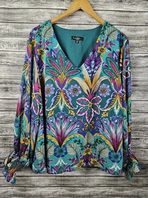 Nicole Miller Para Mujer 3X Verde Floral Boho Cuello en V Manga Larga Pullover Chifón Top Foto 1 de 4