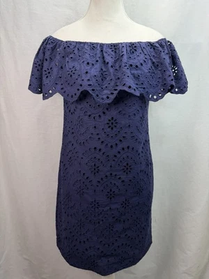 Cynthia Steffe Eyelet Lace Off Shoulder Dress Size 6 Navy Lined 100% Cotton - Image 1 of 4