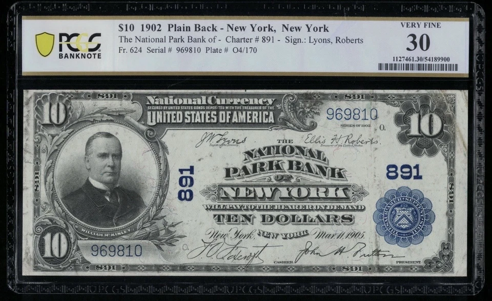 SC 1902 $10 Fr.624 National Park Bank New York Ch. # (E) 891 PCGS 30 VF (981Q) - Image 1 of 3