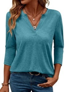 Women's V Neck 3/4 Sleeve T Shirts Casual Basic Summer Tees Shirts Loose Fit ... - Picture 1 of 6