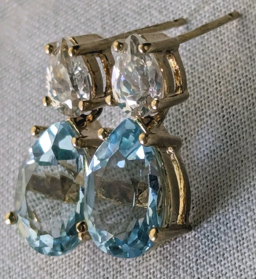 Pendientes vintage de plata de ley enchapados en oro lágrima piedras preciosas azules y transparentes Foto 1 de 4